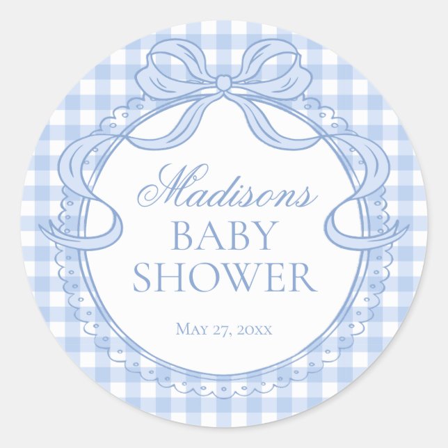 Blue Gingham Coquette Bow Baby Shower Seal (Front)