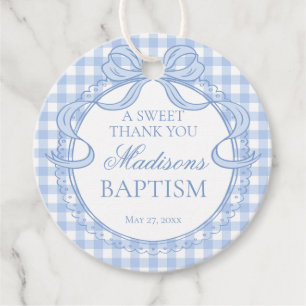 Blue Gingham Coquette Bow Baptism Circle Favour Tags
