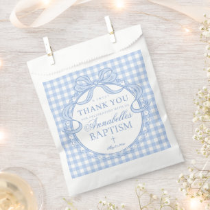 Blue Gingham Coquette Bow Baptism Dessert Favour Bags