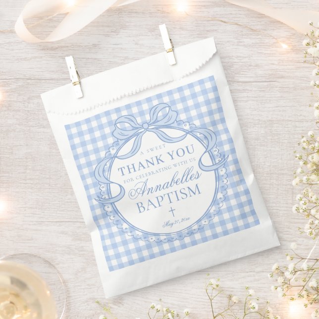 Blue Gingham Coquette Bow Baptism Dessert Favour Bags (Clipped)