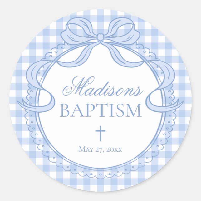 Blue Gingham Coquette Bow Baptism Envelope Seal (Front)