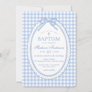 Blue Gingham Coquette Bow Baptism Invitation