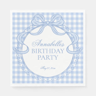 Blue Gingham Coquette Bow Birthday Party Dessert Napkin