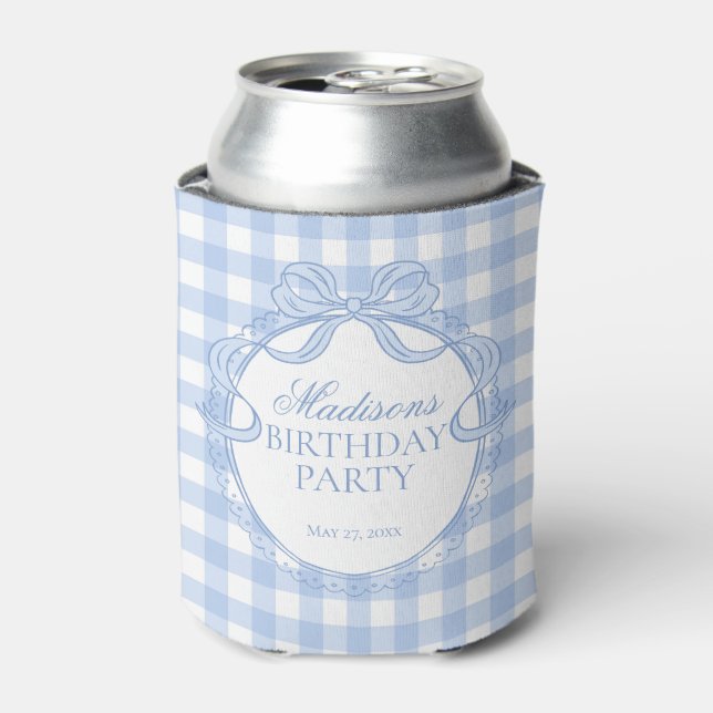 Blue Gingham Coquette Bow Birthday Party Favour Can Cooler (Can Front)