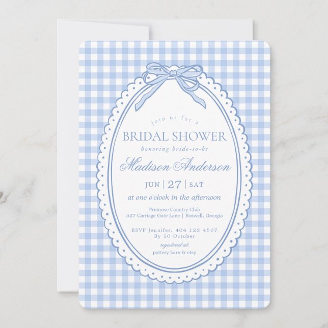 Blue Gingham Coquette Bow Bridal Shower Invitation (Front)