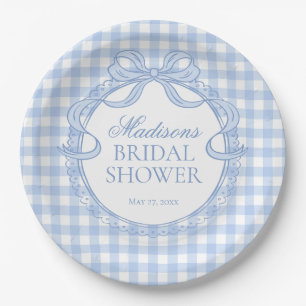 Blue Gingham Coquette Bow Bridal Shower Paper Plate