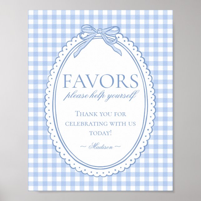 Blue Gingham Coquette Bow Favours Sign (Front)
