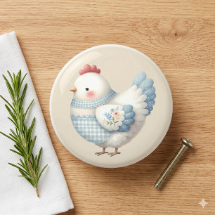 Blue Gingham Cottage Hen Ceramic Knob