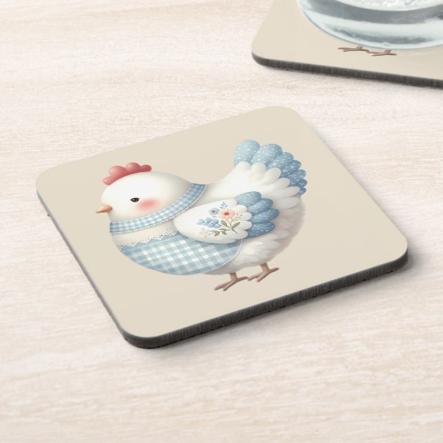 Blue Gingham Cottage Hen Coaster (Left Side)