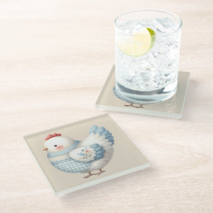 Blue Gingham Cottage Hen Glass Coaster