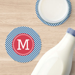Blue Gingham Country Chic Personalise Monogram Round Paper Coaster