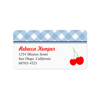 Blue gingham country red cherries return address label