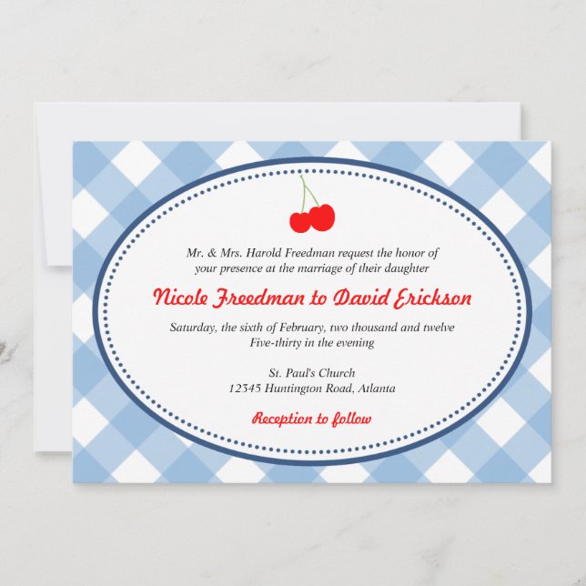 Blue gingham country rustic red cherry wedding invitation (Front)