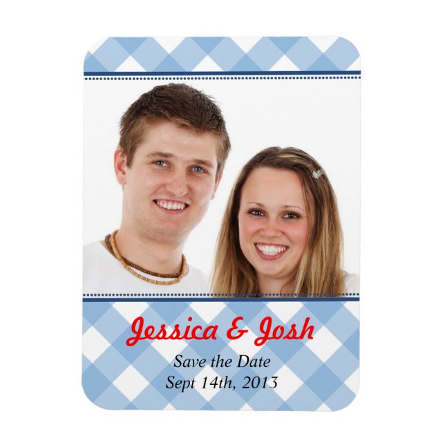 Blue gingham country rustic wedding save the date magnet (Vertical)