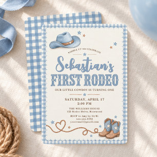 Blue Gingham Cowboy First Rodeo Birthday Invitation