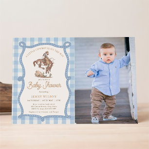 Blue Gingham Cowboy Photo Baby Shower Invitation