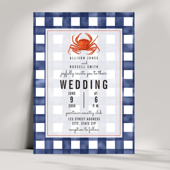 Blue Gingham Crab Wedding Invitation (Creator Uploaded)