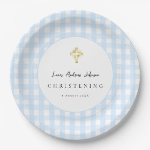 Blue Gingham Cross Christening Paper Plate