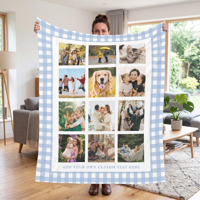 Blue Gingham Custom 12 Photo Collage Fleece Blanket (Creator Uploaded)