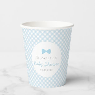 Blue gingham cute bow tie boy baby shower paper cups