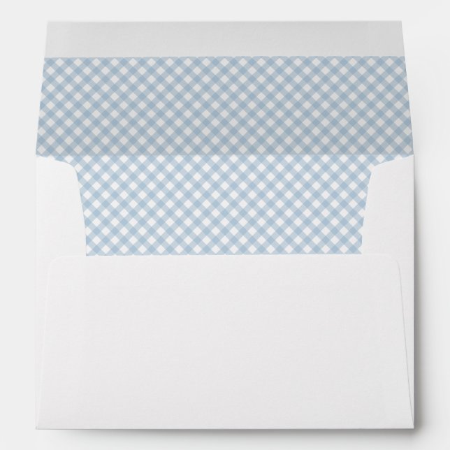 Blue gingham cute classic baby shower personalised envelope (Back (Bottom))