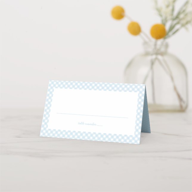 Blue gingham cute simple boy baby shower place card (Front)
