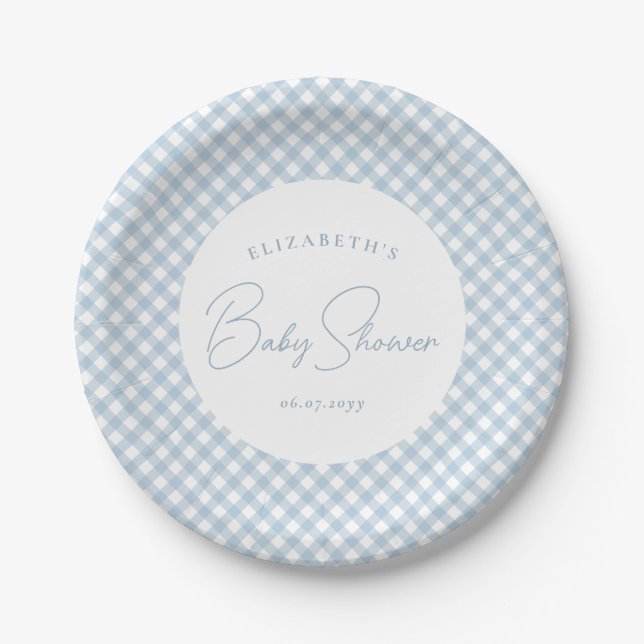 Blue gingham cute simple personalised baby shower paper plate (Front)