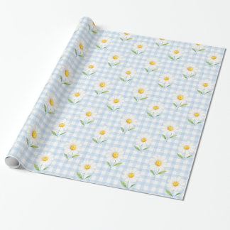 Blue Gingham Daisy Watercolor Floral Gift Wrap