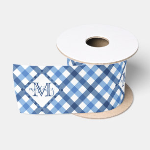 Blue gingham diamond monogram name wide only satin ribbon