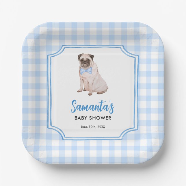 Blue Gingham Dog Boy Baby Shower Paper Plate (Front)