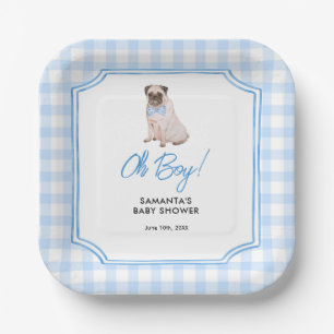 Blue Gingham Dog Boy Baby Shower Paper Plate