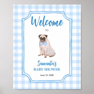 Blue Gingham Dog Boy Baby Shower Welcome Poster