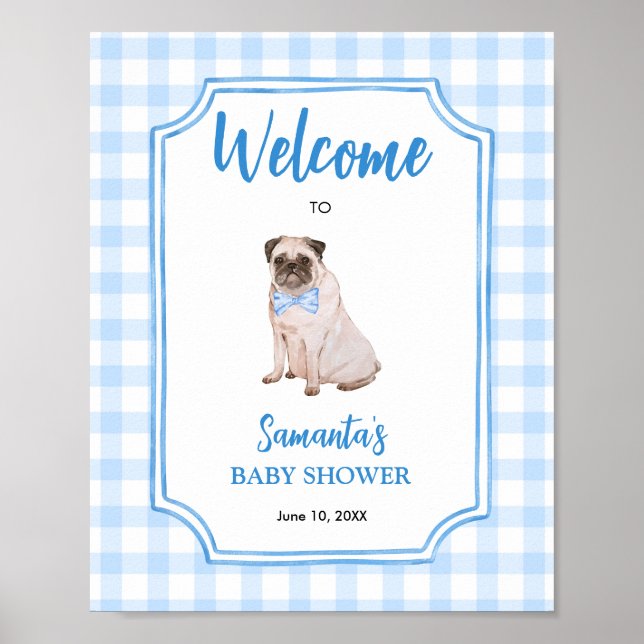 Blue Gingham Dog Boy Baby Shower Welcome Poster (Front)