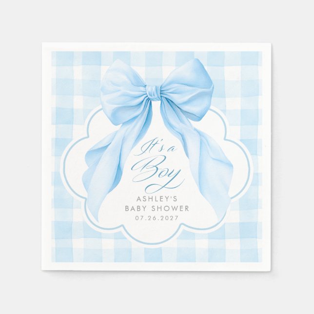 Blue Gingham Elegant Bow Boy Baby Shower Napkin (Front)