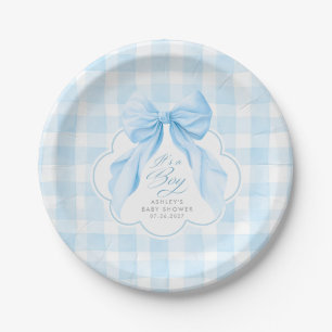 Blue Gingham Elegant Bow Boy Baby Shower Paper Plate