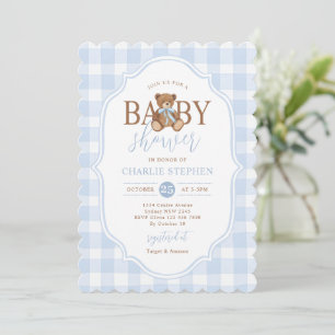 Blue Gingham Elegant Teddy Bear Baby Shower Invitation