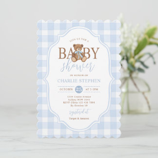 Blue Gingham Elegant Teddy Bear Baby Shower Invitation