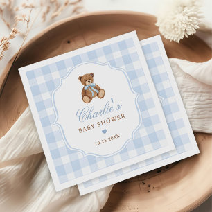 Blue Gingham Elegant Teddy Bear Baby Shower Napkin