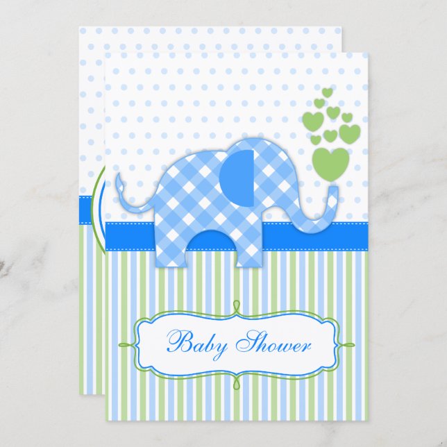 Blue Gingham Elephant Baby Shower Invitation (Front/Back)