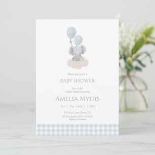 Blue Gingham Elephant on Cloud Baby Shower  Invitation