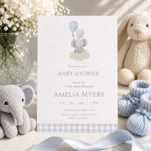 Blue Gingham Elephant on Cloud Baby Shower  Invitation