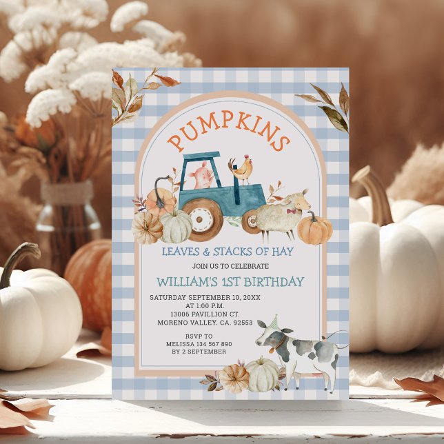Blue Gingham Fall Pumpkin Farm Animal Birthday  Invitation (Creator Uploaded)