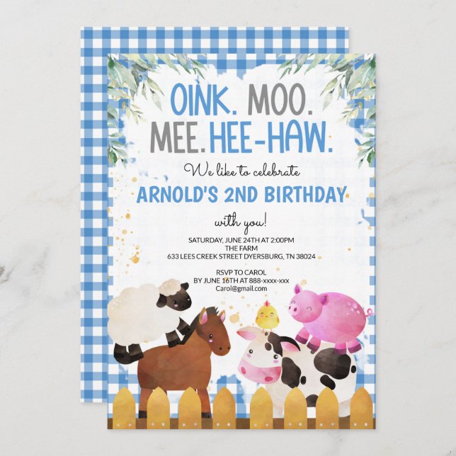 Blue Gingham Farm Animals Boy Birthday Barnyard Invitation (Front/Back)