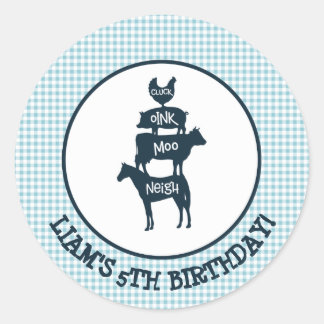 Blue Gingham Farm Theme Animal Birthday Classic Round Sticker