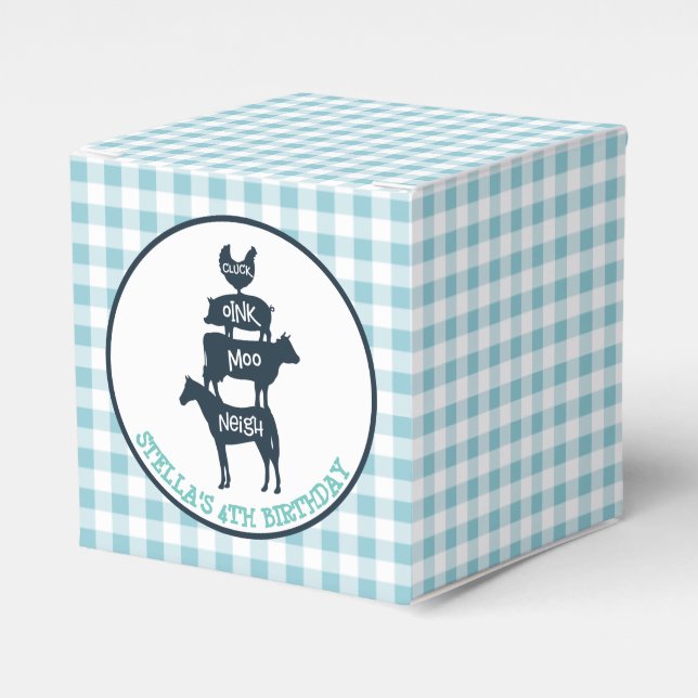 Blue Gingham Farm Theme Animal Birthday Favour Box (Front Side)