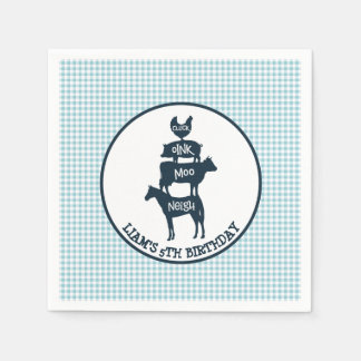 Blue Gingham Farm Theme Animal Birthday Napkin