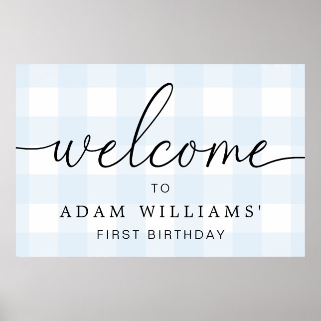 Blue Gingham First Birthday Welcome Sign (Front)