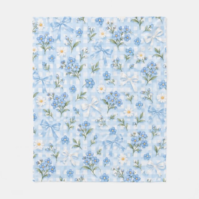 Blue Gingham Floral Bows and Daisies Pattern Fleece Blanket (Front)
