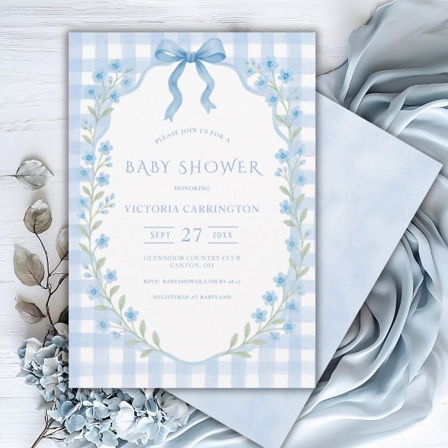 Blue Gingham Floral Vintage Baby Shower Invitation (Creator Uploaded)