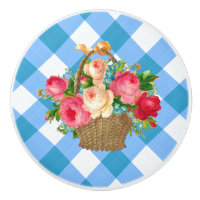 Blue Gingham Flower Basket Vintage Country